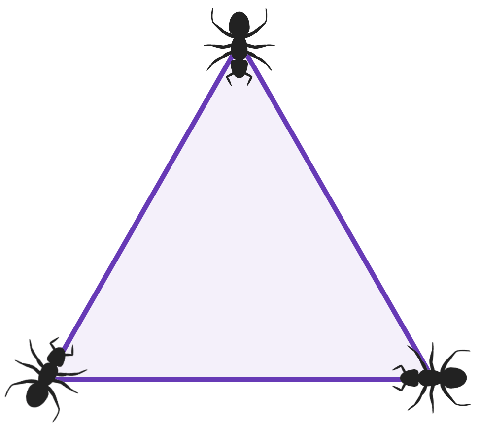 diagram of a triangle with 3 ants sat one at each vertex
