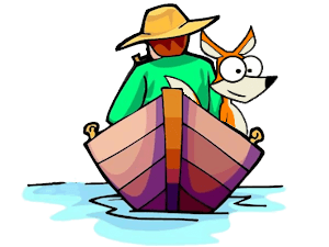 picture of a farmer and a fox in a boat.