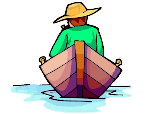 man in a boat on a lake with a brick